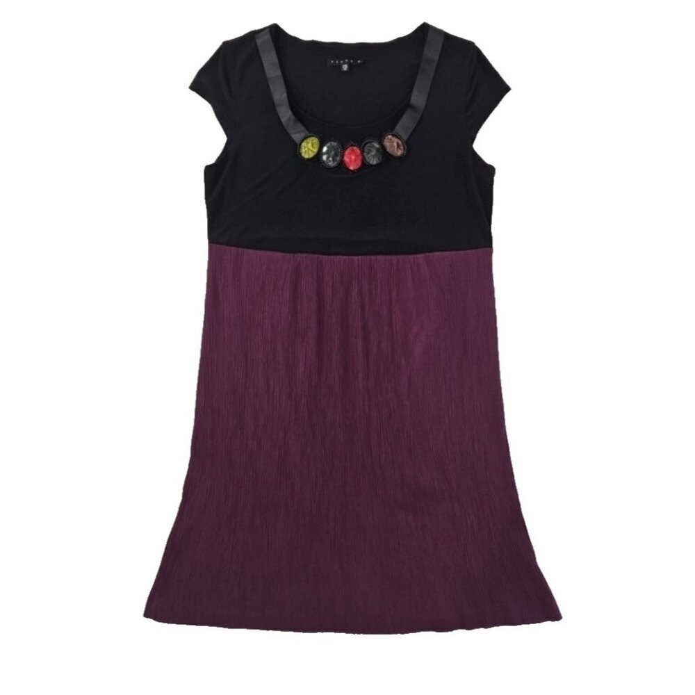 Tiana A Line Dress Women's 12‎ Stretch Black & Purple Stones Cap Sleeve EUC